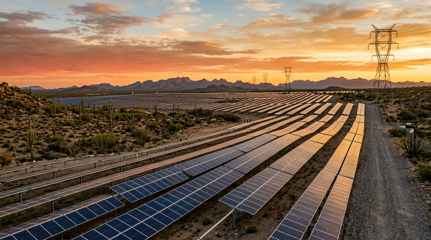 Campo solar de CFE con paneles y torres de transmisión al atardecer, bonos temáticos